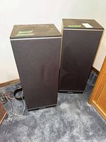 Two black Audio Logic floor-standing speakers side by side on carpet