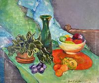 Front view of oil painting showing still life composition