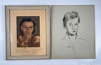 Both portrait drawings side by side, showing framed pastel and unframed charcoal works