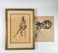 Both artworks together: framed ballerina drawing and unframed charcoal portrait
