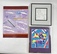 All three artworks together: geometric Elias painting, gestural oil, Sarah Holl line drawing