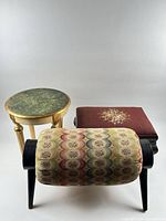 Group view of side table and two stools