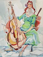 Colour watercolour of woman playing cello