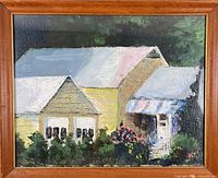 Frontal close view of painting inside wood frame