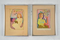 Both framed coloured pencil drawings side by side