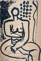 Full view of painting, black brushstroke nude and dots