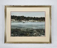 Full view of framed watercolour showing frame, mat and artwork