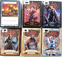 Front view of five Flesh and Blood Blitz deck boxes with one loose card