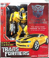 Front of boxed Ultimate Bumblebee figure showing car image and branding