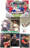 Front view of sealed 2024 Topps Chrome Tennis hobby box and six sample loose cards