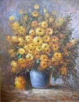 Close view of painting showing floral subject and brushwork