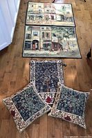 Overall lot with two Paris street scene tapestries, Tree of Life wall hanging, and two matching pillows