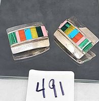 Front view showing multicolor gemstone inlay on both earrings