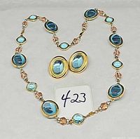 Full view of convertible necklace and earrings showing blue cabochons and pink beads