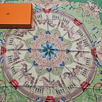 Full view of scarf laid flat with box showing central carousel motif and overall wear