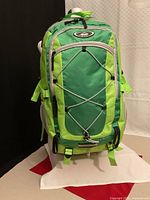 Front view of green Atlantic Rift backpack showing color, bungee cord, logo, and zippers