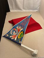 Full view of Blue Jays pennant mounted on white plastic car window flag stick