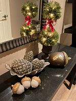 Group view of lighted topiary, metal leaf dish, large acorn, pinecones, small acorns