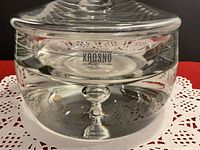 Front view of complete covered dish showing Krosno label