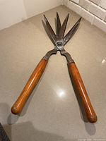 Full view of hedge shears fully opened showing wooden handles and triple-split blades