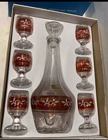 Boxed set showing decanter and six glasses