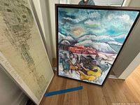 Both artworks leaning: horse painting front, map print behind