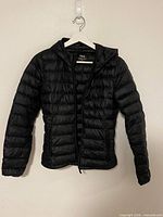 Front view of black hooded puffer jacket on hanger