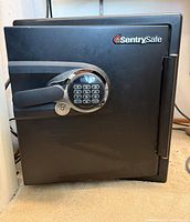 Front view of closed black SentrySafe showing keypad and handle