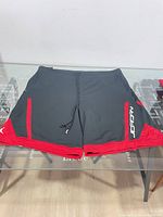 Front view of dark grey Jordan shorts with red trim and logo