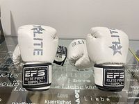 Both pairs of white EFS Elite Fight Supply 12oz boxing gloves on glass table, showcasing front and cuff logos