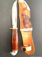 Knife beside leather sheath displaying full view