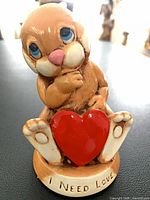 Front view of rabbit figurine holding red heart, inscription visible