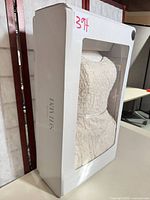 David's Bridal preservation box with dress visible through window