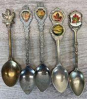 Front view of five souvenir spoons showing crests and enamel designs