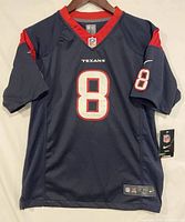 Front view of navy Houston Texans #8 jersey with tags