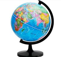 Stock-style image of assembled globe on stand showing political map