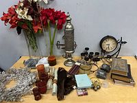 Full view of assorted home decor items on table