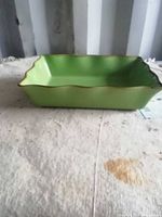 Top view of green stoneware casserole dish