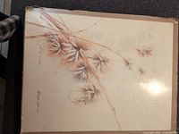 Front view of framed ink wash painting showing botanical imagery and overall condition