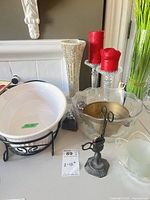 Group view with serving dish, candlesticks, mosaic vase, bowls, candle trimmer