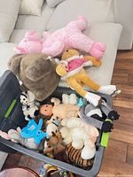 Open tote showing variety of stuffed animals and dolls