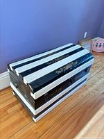 Full view of painted trunk showing striped pattern and size