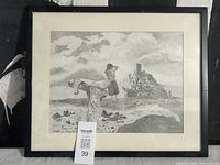 Front view of framed drawing showing entire artwork, mat and frame