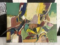 Front view of abstract painting showing composition and colors