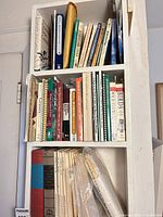 Upper shelf close-up showing The Hobbit, slim field guides, assorted paperbacks