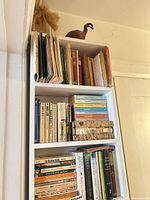 Full view of three-shelf built-in stacked with hardcover and paperback books