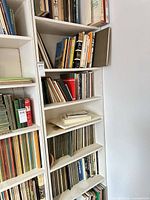 Tall bookshelf with multiple shelves of hardcovers, paperbacks and thin catalogs