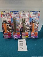 Front view of four sealed Guardians of the Galaxy Pez dispensers