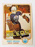 Front of Andy Moog rookie card showing player in action, card number and team name