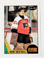 Front of card displaying Ron Hextall in Flyers uniform